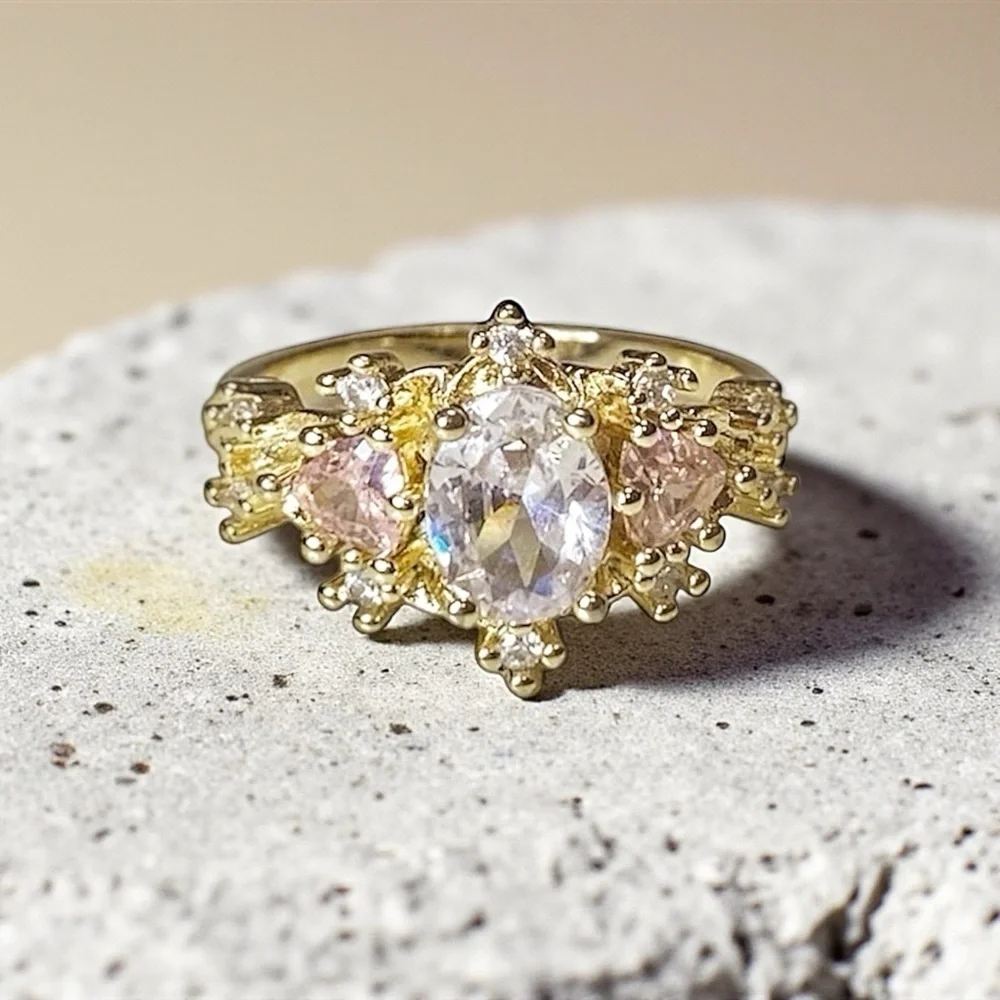 FASHION Costume Ring Gold (Tone) & White (Clear) and Pink Rhinestones in Size 8